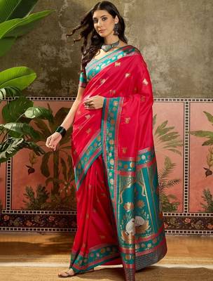 Pink zari woven design saree with contrast unstitched blouse 3
