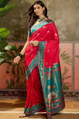 Pink zari woven design saree with contrast unstitched blouse