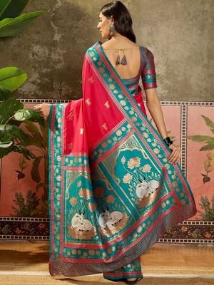 Pink zari woven design saree with contrast unstitched blouse 4
