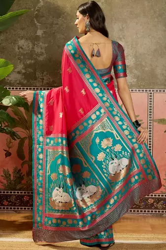 Pink zari woven design saree with contrast unstitched blouse
