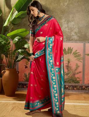Pink zari woven design saree with contrast unstitched blouse 5