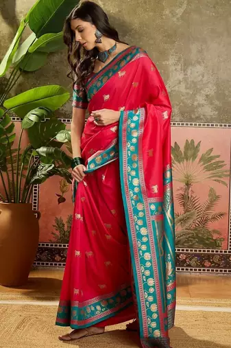 Pink zari woven design saree with contrast unstitched blouse