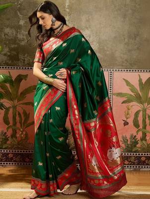 Green woven design saree with unstitched blouse 2