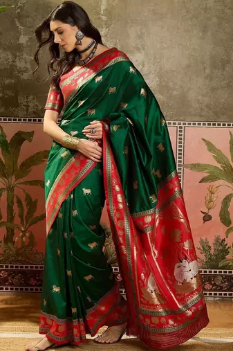 Green woven design saree with unstitched blouse