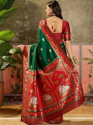Green woven design saree with unstitched blouse 3