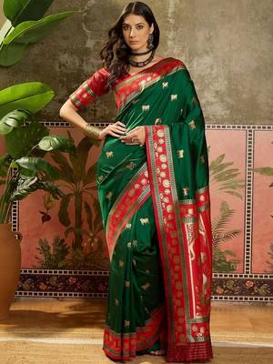Green woven design saree with unstitched blouse 5