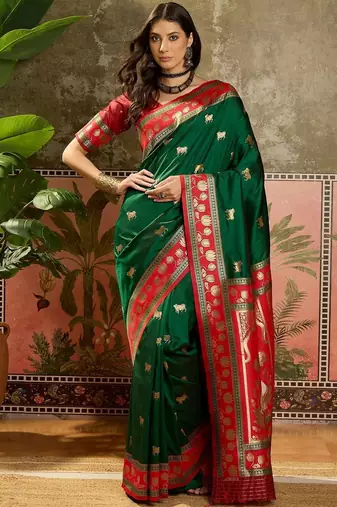 Green woven design saree with unstitched blouse