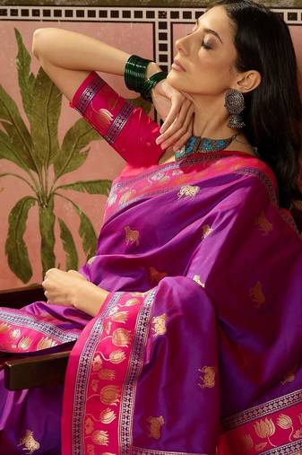 Purple zari woven design saree with contrast unstitched blouse