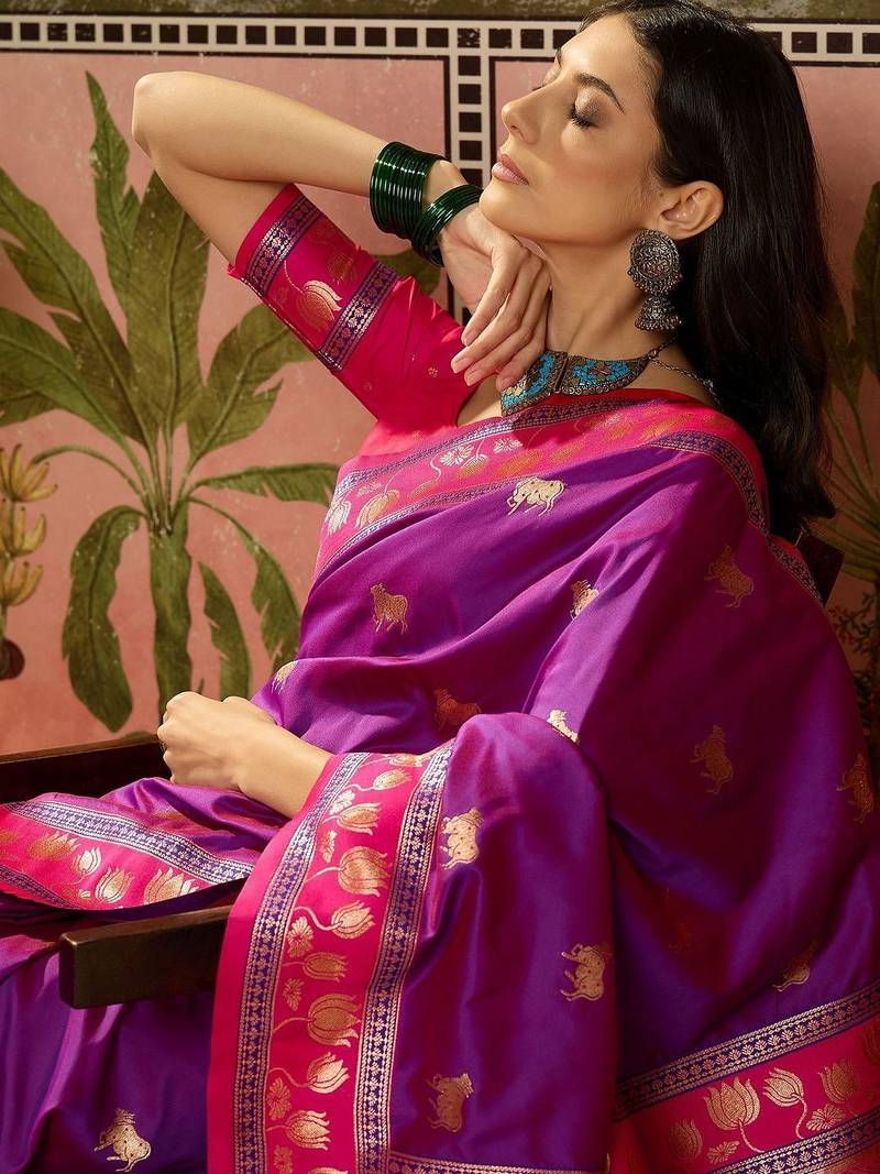 Purple zari woven design saree with contrast unstitched blouse