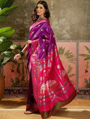 Purple zari woven design saree with contrast unstitched blouse 2