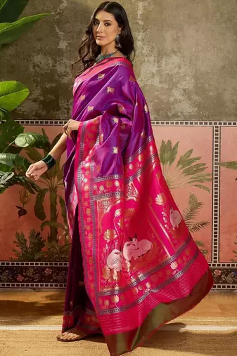 Purple zari woven design saree with contrast unstitched blouse