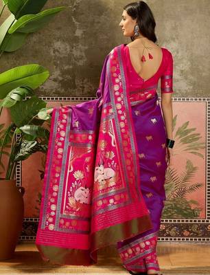 Purple zari woven design saree with contrast unstitched blouse 3