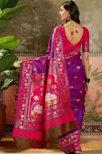 Purple zari woven design saree with contrast unstitched blouse