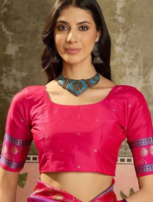 Purple zari woven design saree with contrast unstitched blouse 4