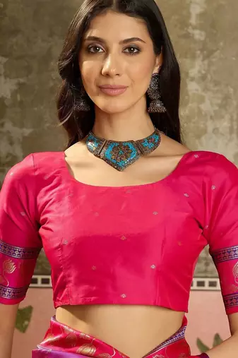 Purple zari woven design saree with contrast unstitched blouse