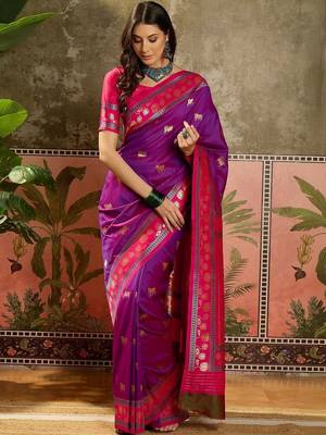 Purple zari woven design saree with contrast unstitched blouse 5