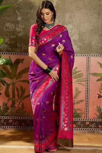 Purple zari woven design saree with contrast unstitched blouse