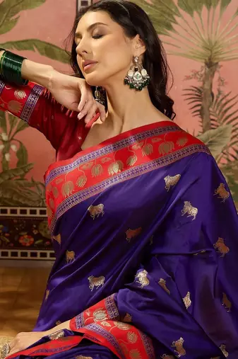 Violet zari woven design saree with contrast unstitched blouse