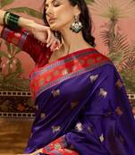 Violet zari woven design saree with contrast unstitched blouse
