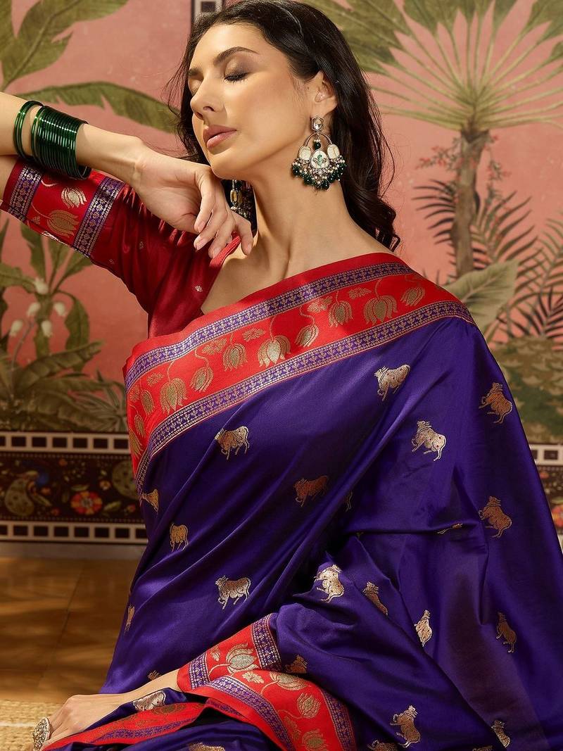 Violet zari woven design saree with contrast unstitched blouse