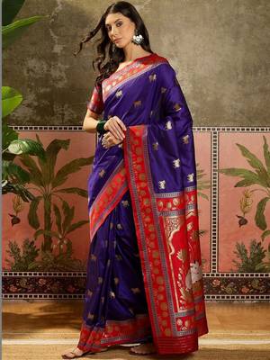 Violet zari woven design saree with contrast unstitched blouse 2