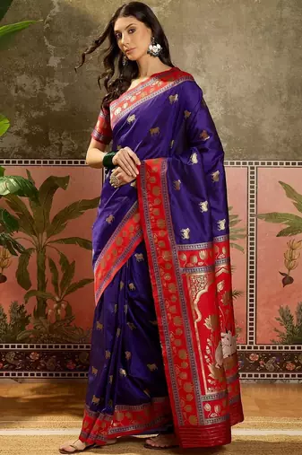 Violet zari woven design saree with contrast unstitched blouse