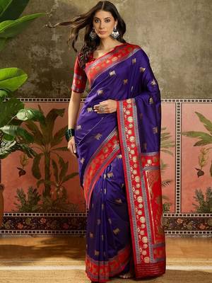 Violet zari woven design saree with contrast unstitched blouse 3