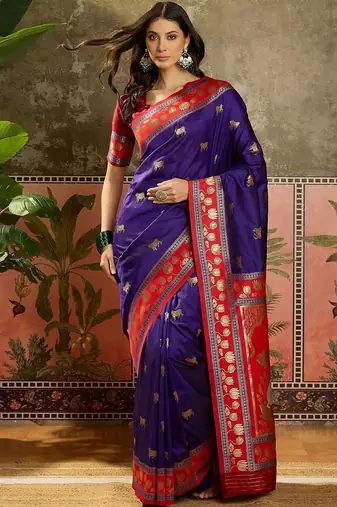 Violet zari woven design saree with contrast unstitched blouse