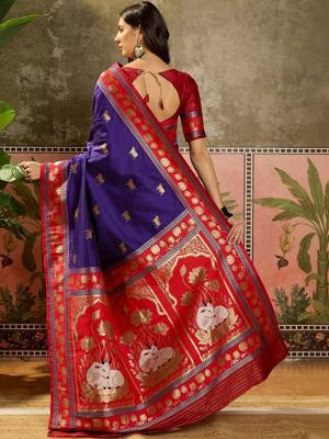 Violet zari woven design saree with contrast unstitched blouse 4