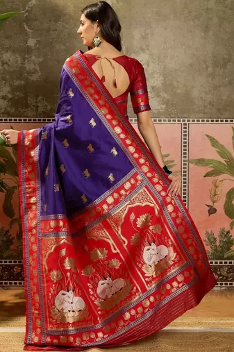Violet zari woven design saree with contrast unstitched blouse