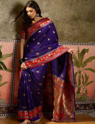 Violet zari woven design saree with contrast unstitched blouse 5