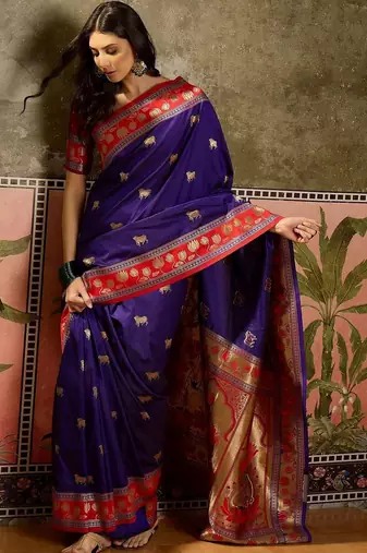 Violet zari woven design saree with contrast unstitched blouse
