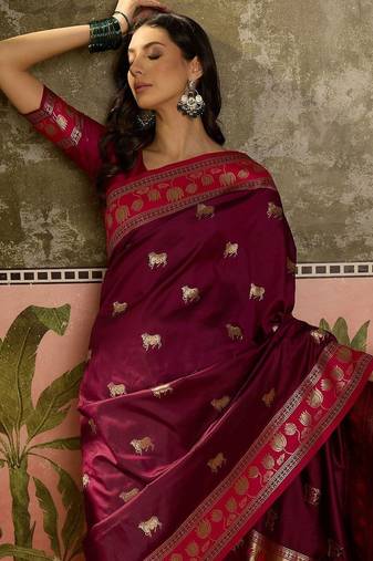 Burgundy zari woven design saree with contrast unstitched blouse