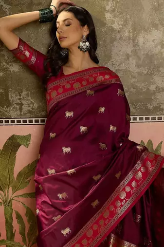 Burgundy zari woven design saree with contrast unstitched blouse