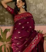 Burgundy zari woven design saree with contrast unstitched blouse
