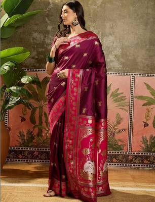 Burgundy zari woven design saree with contrast unstitched blouse 2