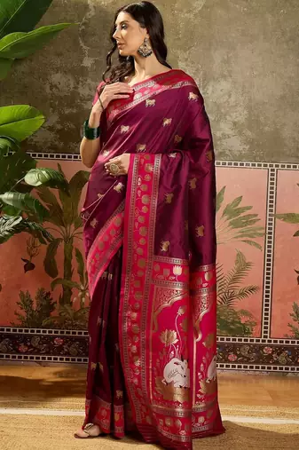 Burgundy zari woven design saree with contrast unstitched blouse