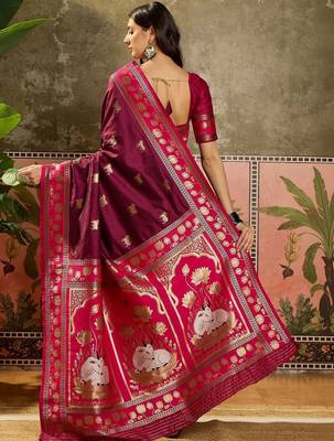 Burgundy zari woven design saree with contrast unstitched blouse 3