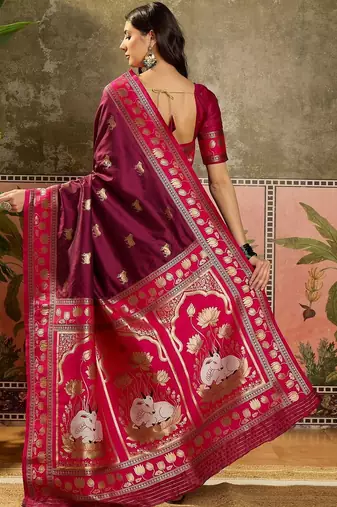 Burgundy zari woven design saree with contrast unstitched blouse