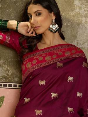 Burgundy zari woven design saree with contrast unstitched blouse 5