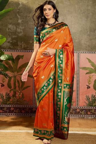 Orange zari woven design banarasi saree with unstitched blouse