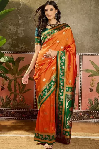 Orange zari woven design banarasi saree with unstitched blouse