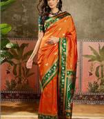 Orange zari woven design banarasi saree with unstitched blouse