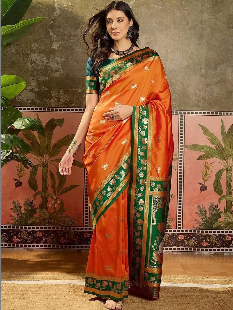 Orange zari woven design banarasi saree with unstitched blouse