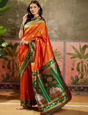 Orange zari woven design banarasi saree with unstitched blouse 2
