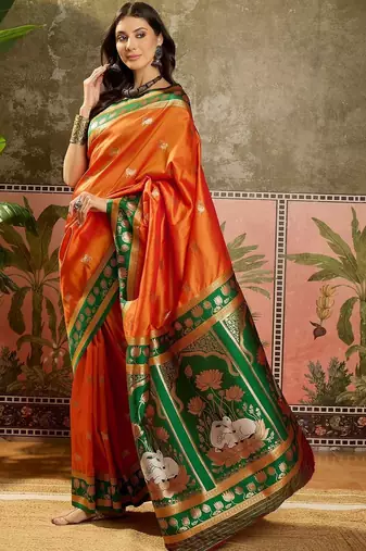 Orange zari woven design banarasi saree with unstitched blouse