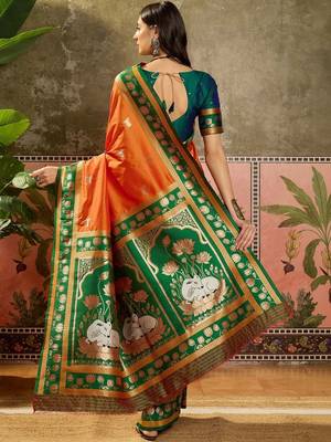 Orange zari woven design banarasi saree with unstitched blouse 3