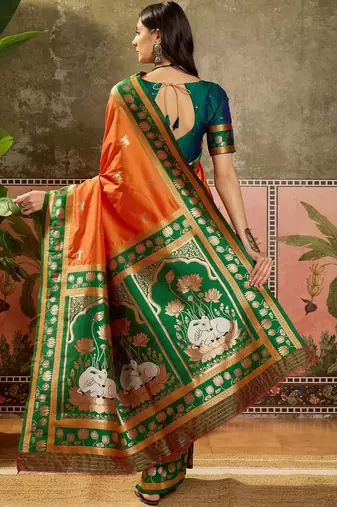 Orange zari woven design banarasi saree with unstitched blouse