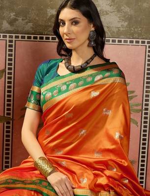 Orange zari woven design banarasi saree with unstitched blouse 5