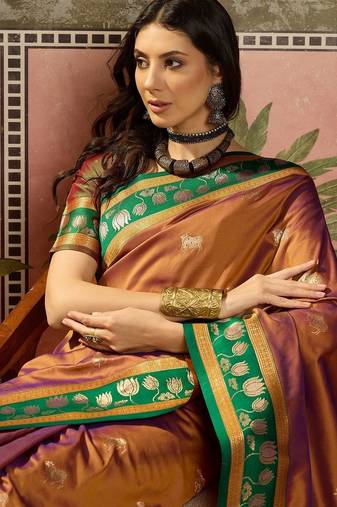 Gold zari woven design saree with contrast unstitched blouse